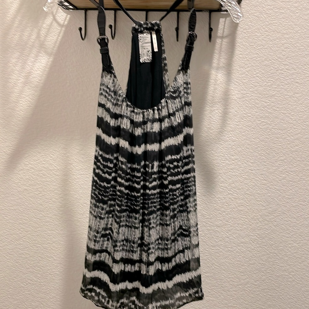 Guess halter top with leather-look straps. Sheer, lined wht/blk monochromatic. S